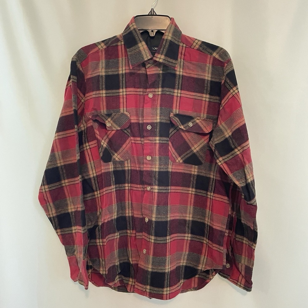 VTG Shirt Mens Medium Red Tan Black Plaid Flannel Long Sleeve Button Up Lining